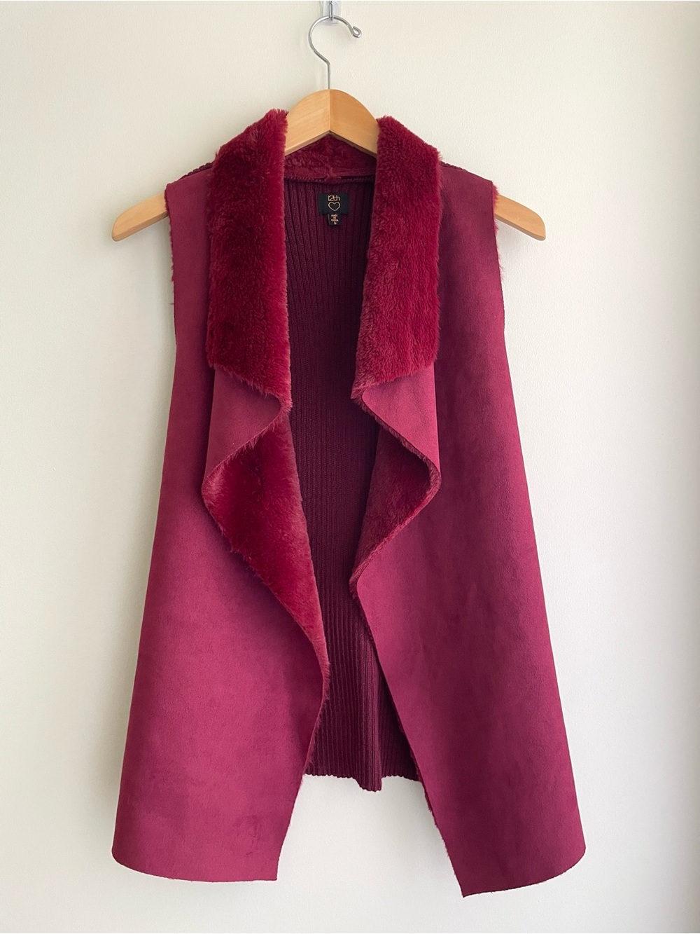 Open Front Faux Suede Indie Boho 70s Inspired Vest with Faux-Fur Trim
